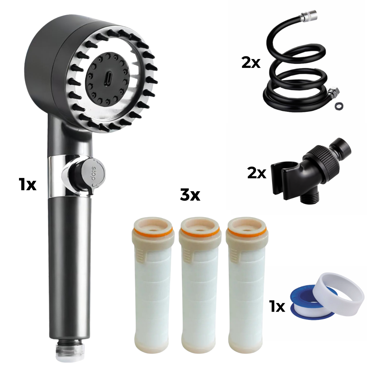 Dusjhode + 2x slange + 2x adapter + 3x filter + teflon tape
